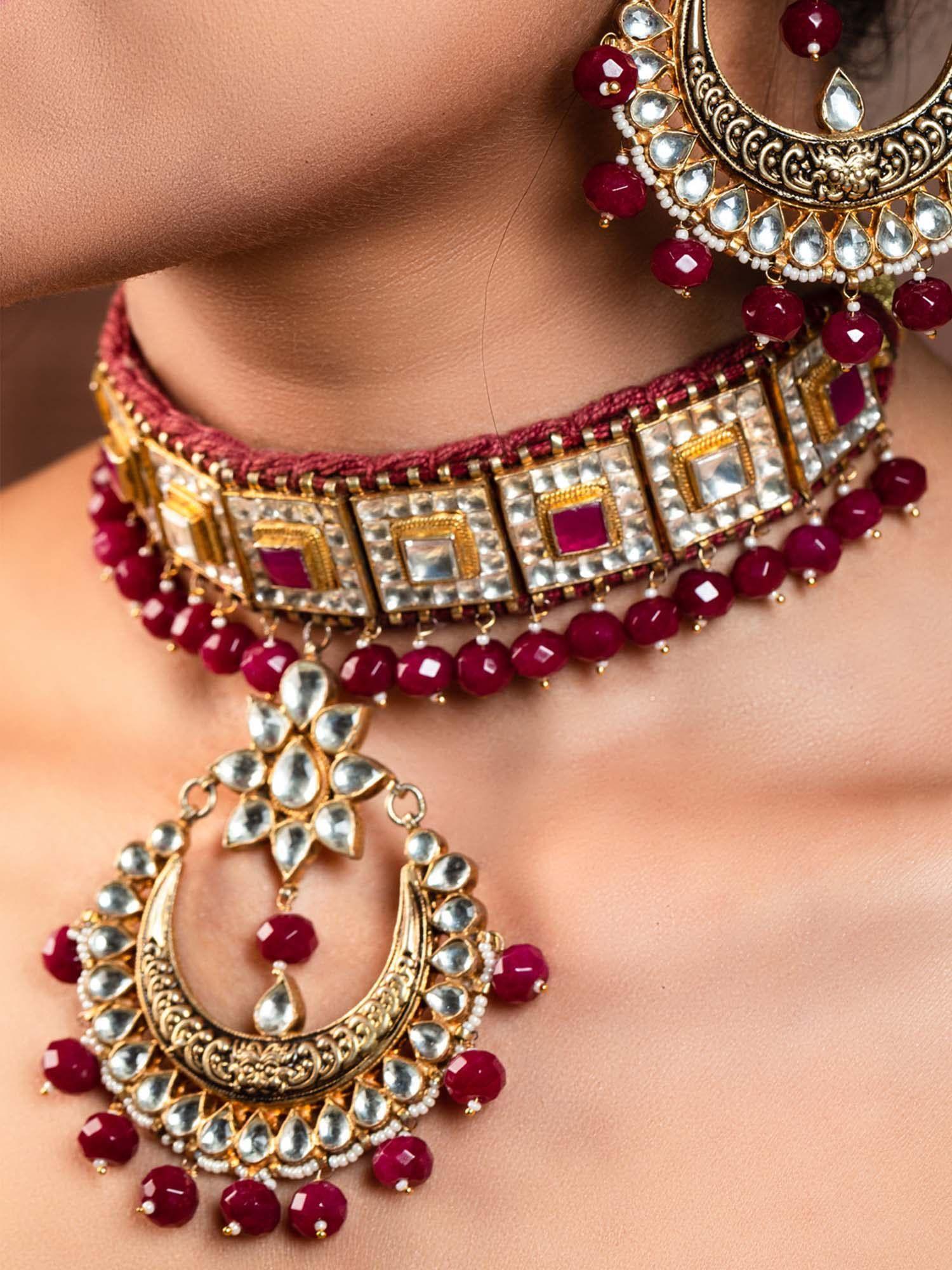 ruby stoned gold plated pachi kundan set