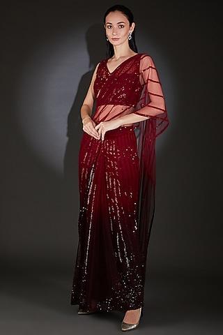 ruby tulle embroidered
handcrafted saree set