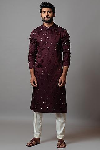 ruby wine linen satin printed kurta set