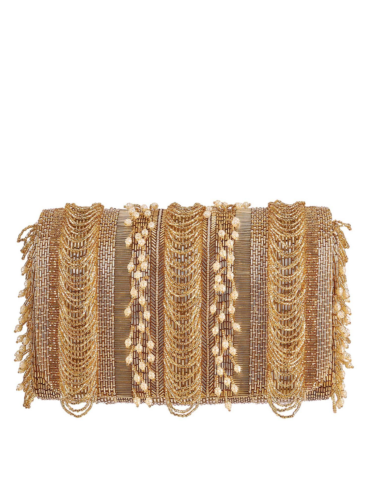 ruche flapover clutch peerless gold with handle