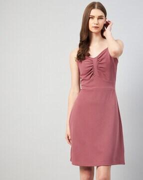 ruched a-line dress with strappy sleeves