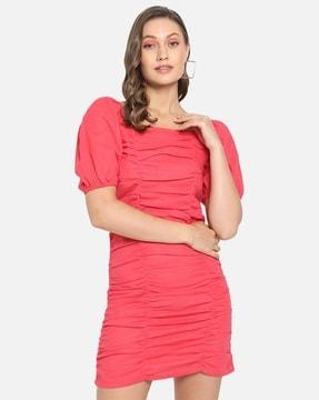 ruched bodycon dress with puff sleeves