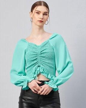 ruched crop top wit puff sleeves