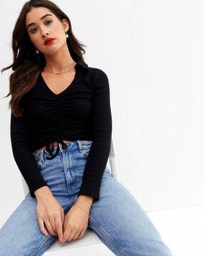 ruched crop top with spread collar