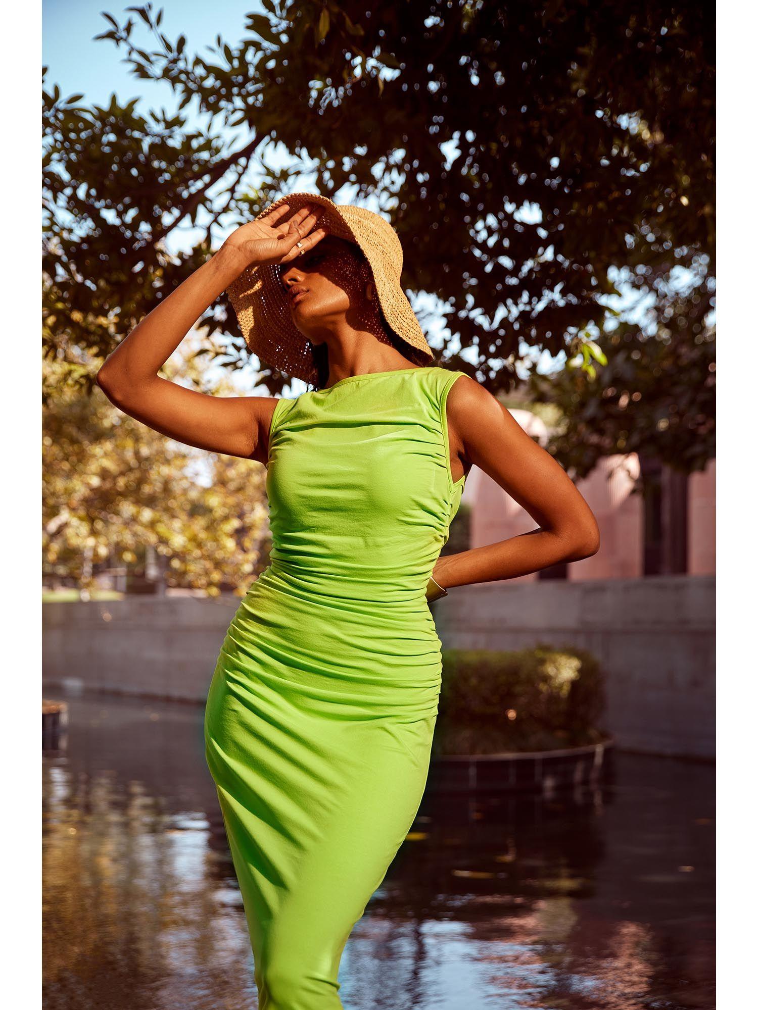 ruched green maxi dress