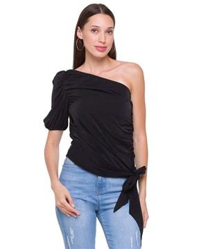 ruched one-shoulder top with bow accent