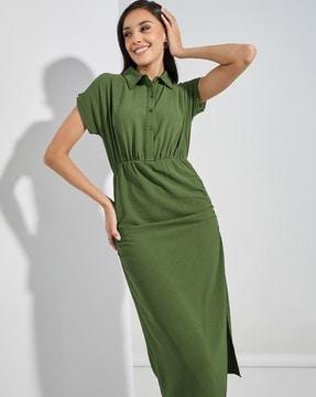 ruched sheath dress with spread collar