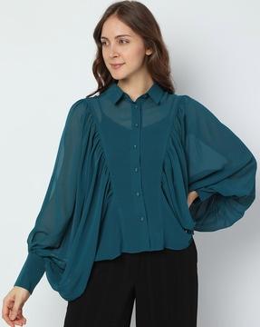 ruched shirt with spread collar