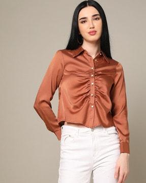 ruched shirt with spread collar