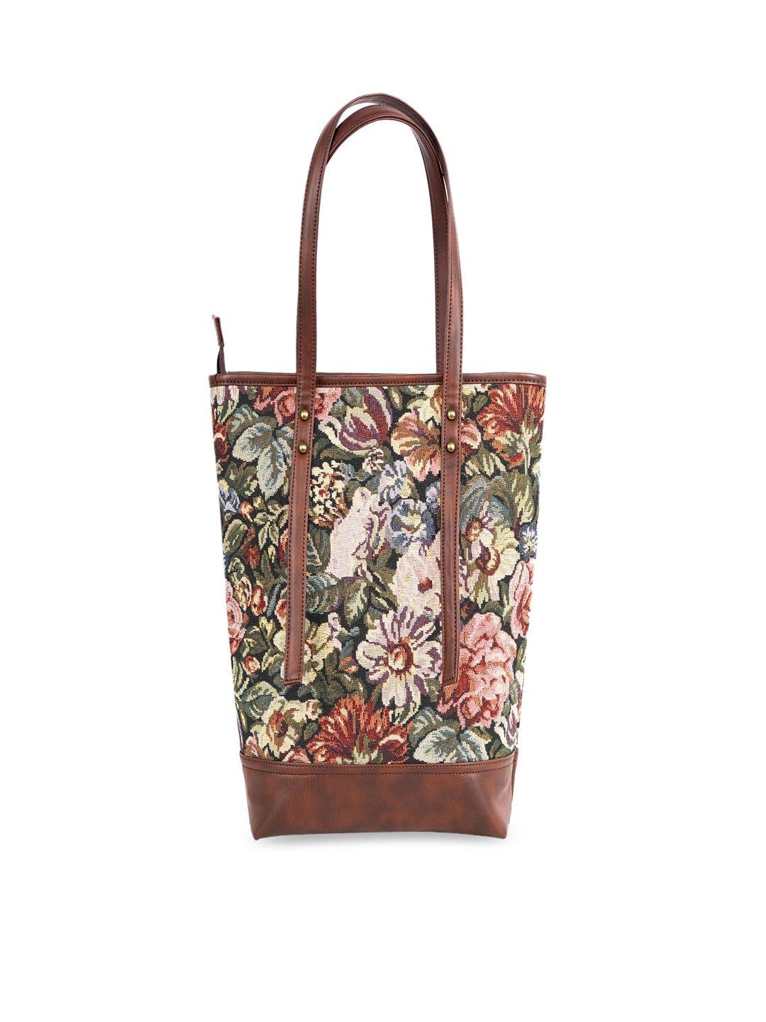 rudhira floral printed leather structured tote bag