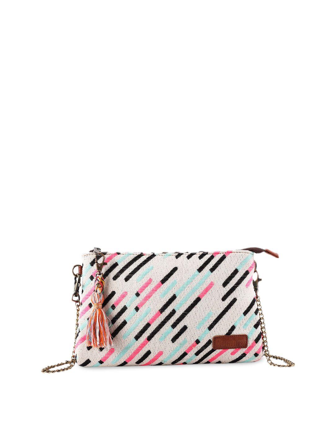 rudhira striped structured sling bag with tasselled