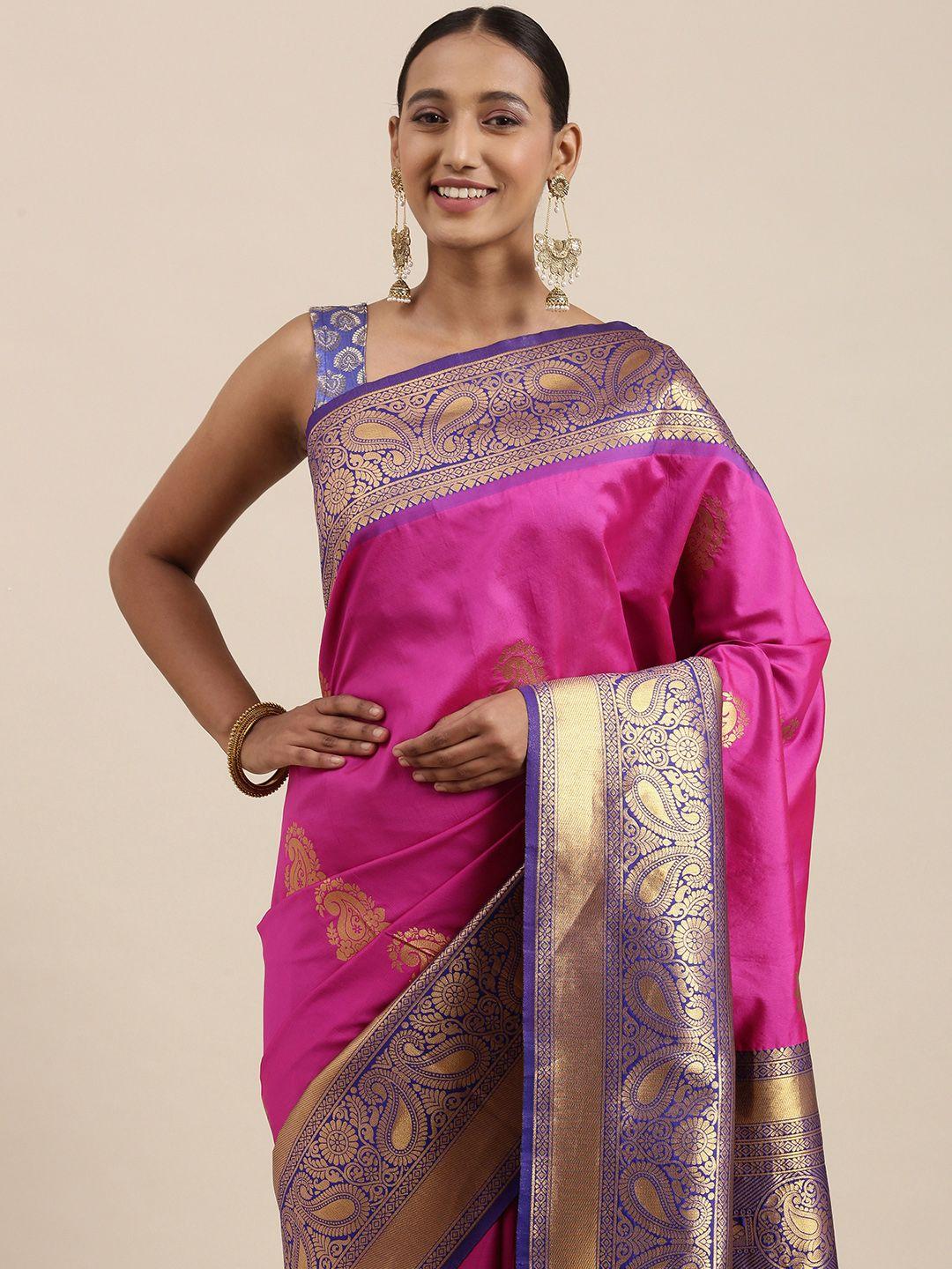 rudra fashion pink & blue paisley woven design silk blend kanjeevaram saree