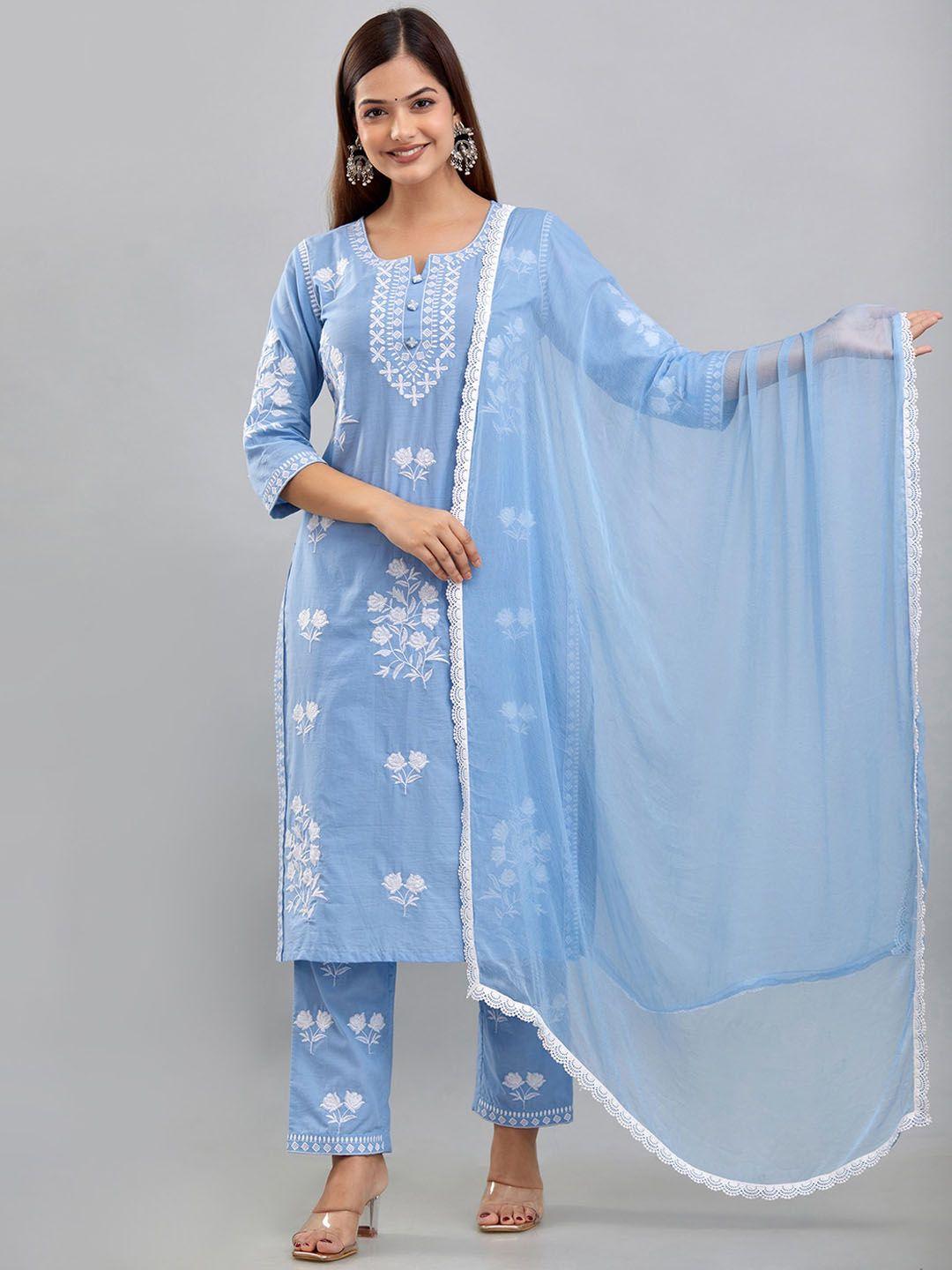 rudra bazaar floral embroidered pure cotton kurta with trousers & dupatta