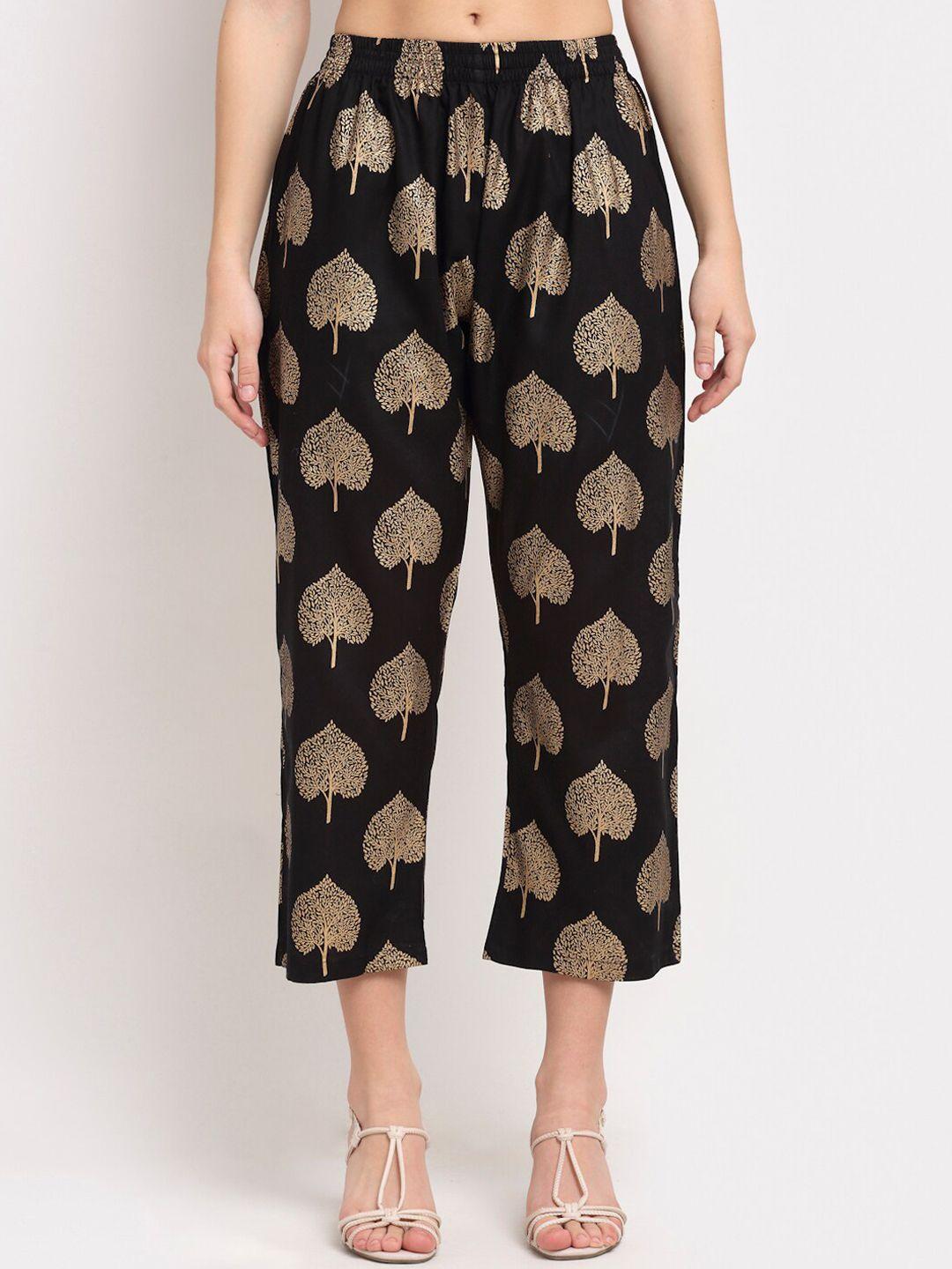 rudra bazaar women black & gold-coloured ethnic motifs printed cropped parallel trousers