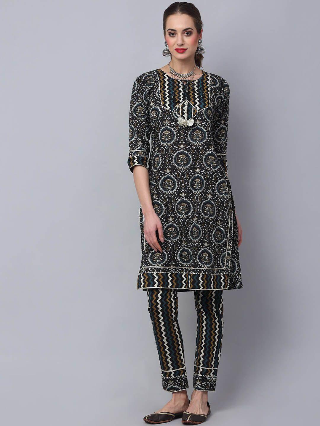 rudra bazaar women black & teal ethnic motifs printed pure cotton kurta with trousers