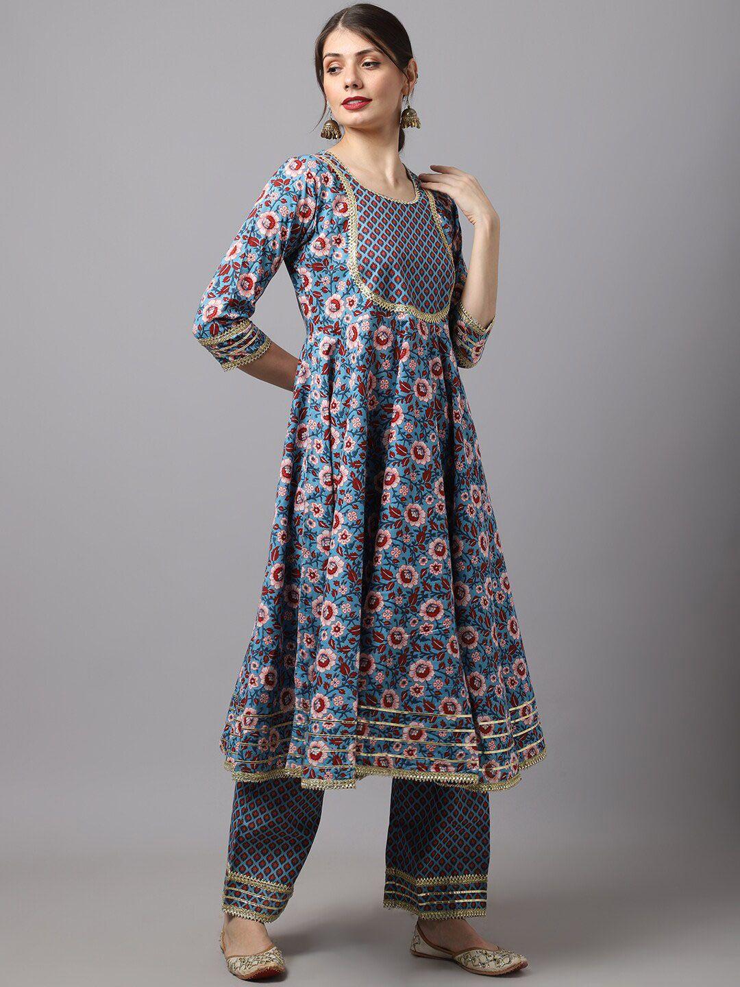 rudra bazaar women blue floral printed empire gotta patti pure cotton kurta with trousers