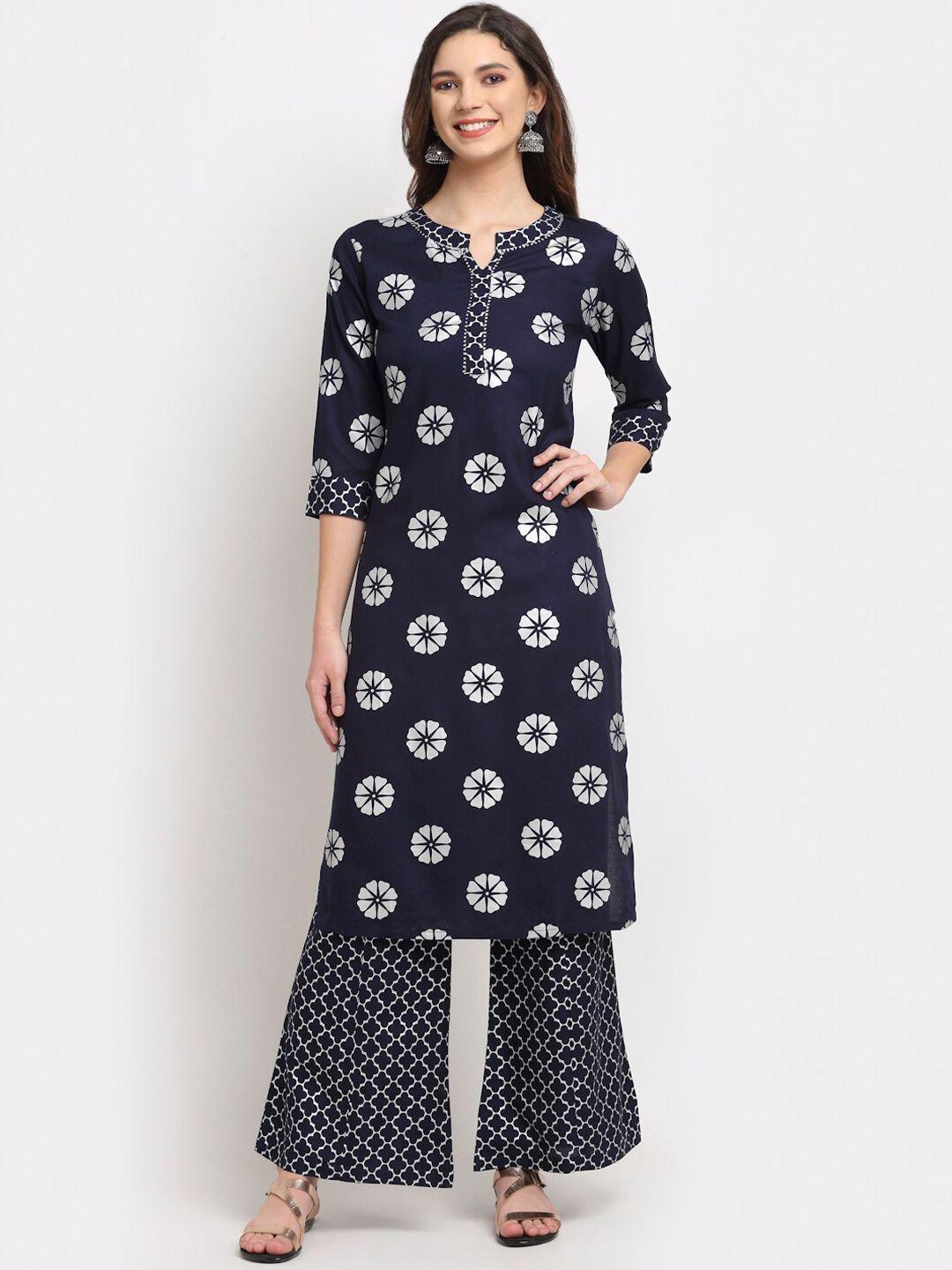 rudra bazaar women blue printed regular kurta with palazzos