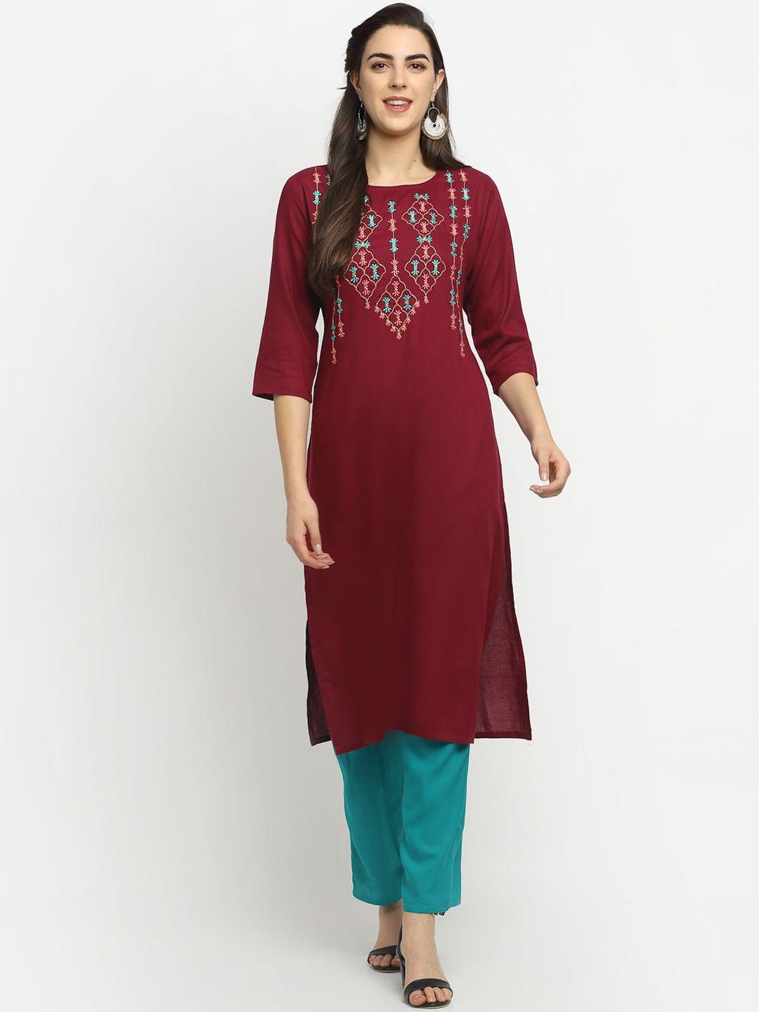 rudra bazaar women maroon & blue embroidered kurta with trousers