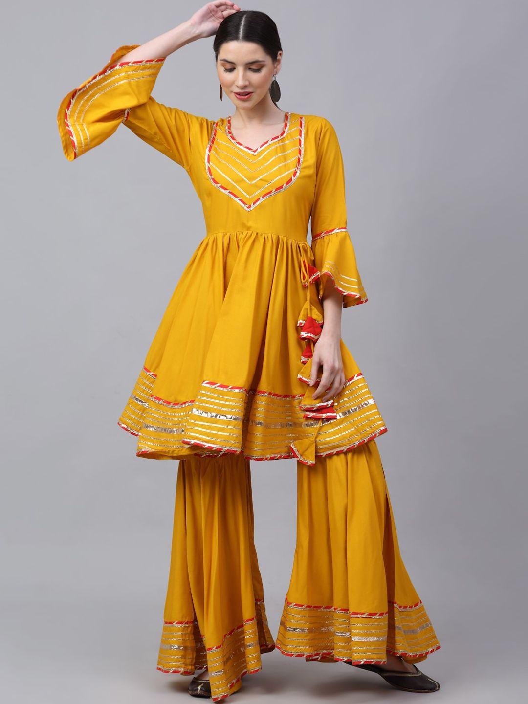 rudra bazaar women mustard yellow ethnic motifs embroidered angrakha gotta patti kurti with sharara & with