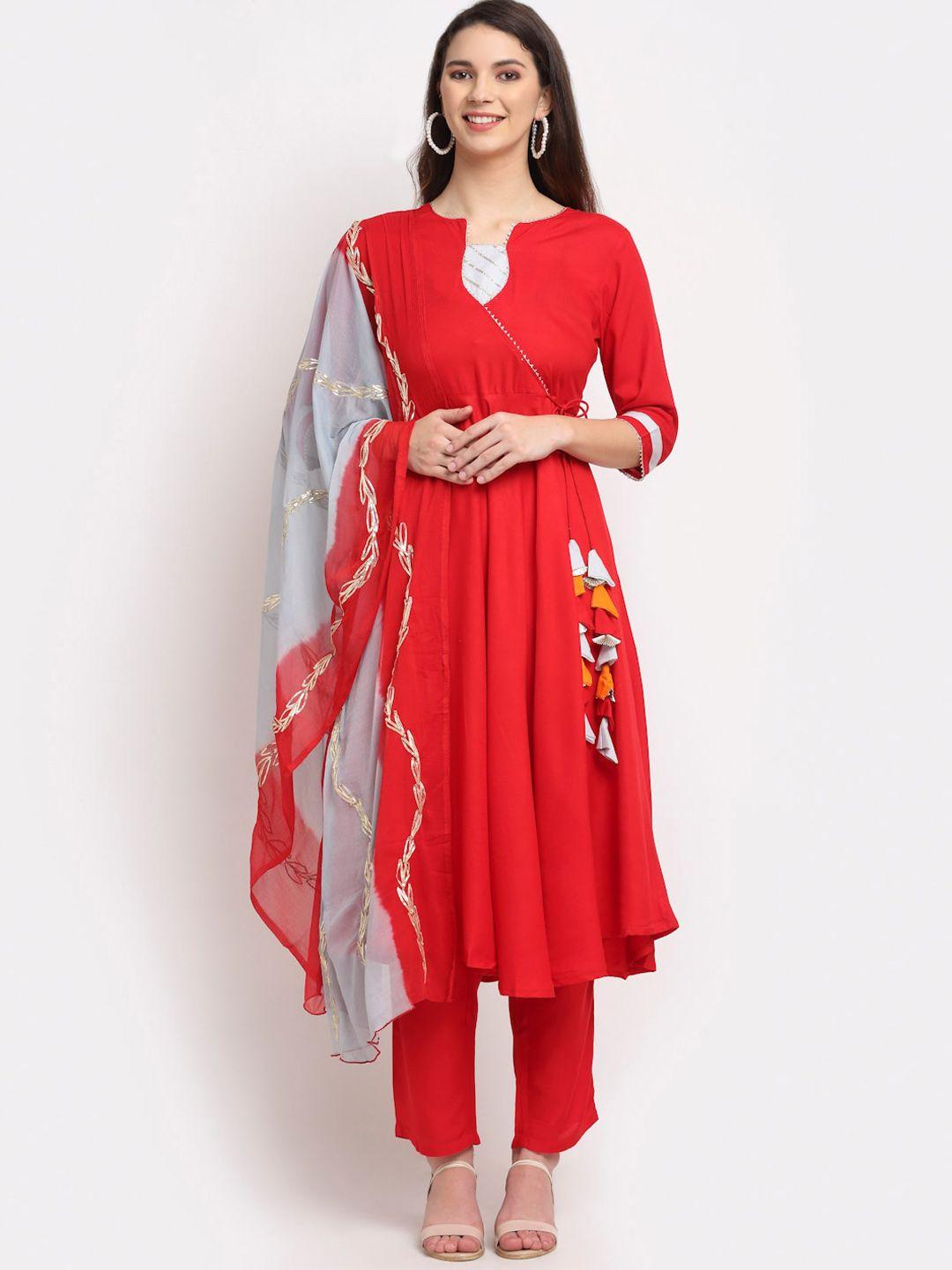 rudra bazaar women red angrakha gotta patti kurta with trousers & dupatta