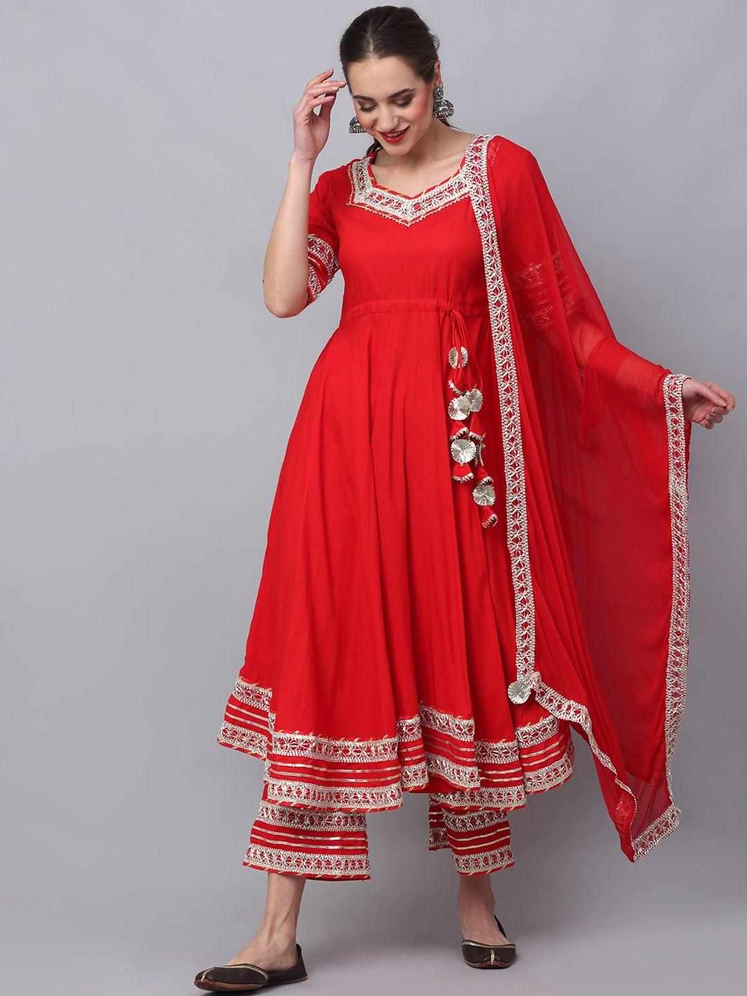 rudra bazaar women red floral embroidered gotta patti kurta with palazzos & with dupatta