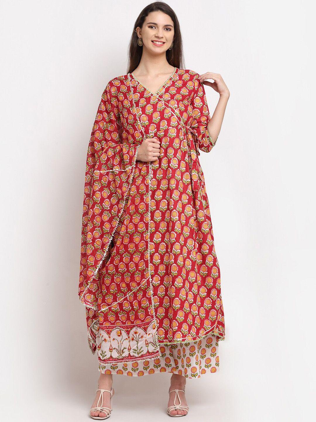 rudra bazaar women red floral printed angrakha kurta with palazzos & with dupatta