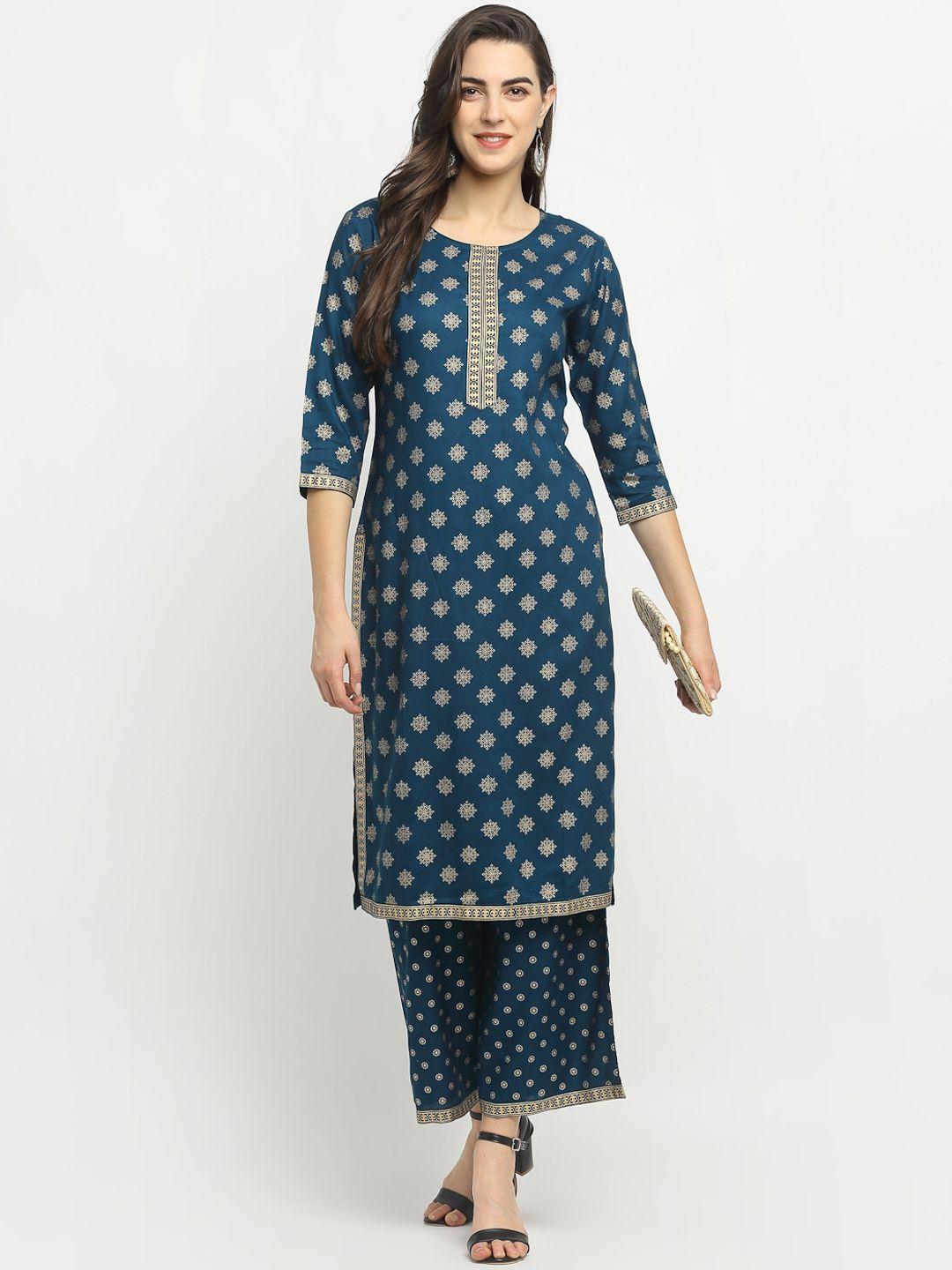 rudra bazaar women teal blue ethnic motifs printed kurta with palazzos