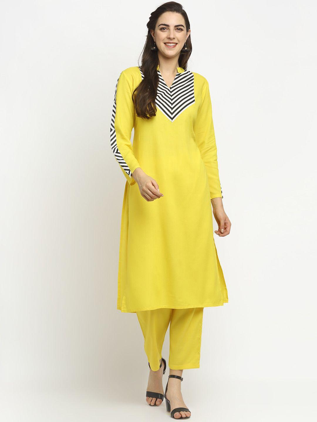 rudra bazaar women yellow yoke design kurta with trousers set