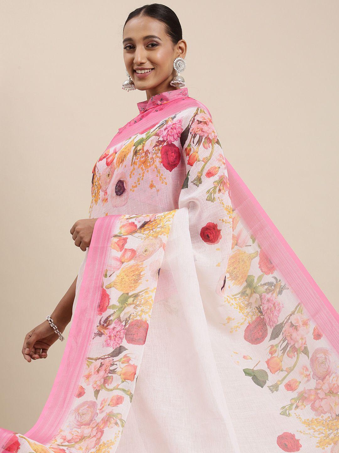 rudra fashion cream-coloured & pink floral printed ikat saree