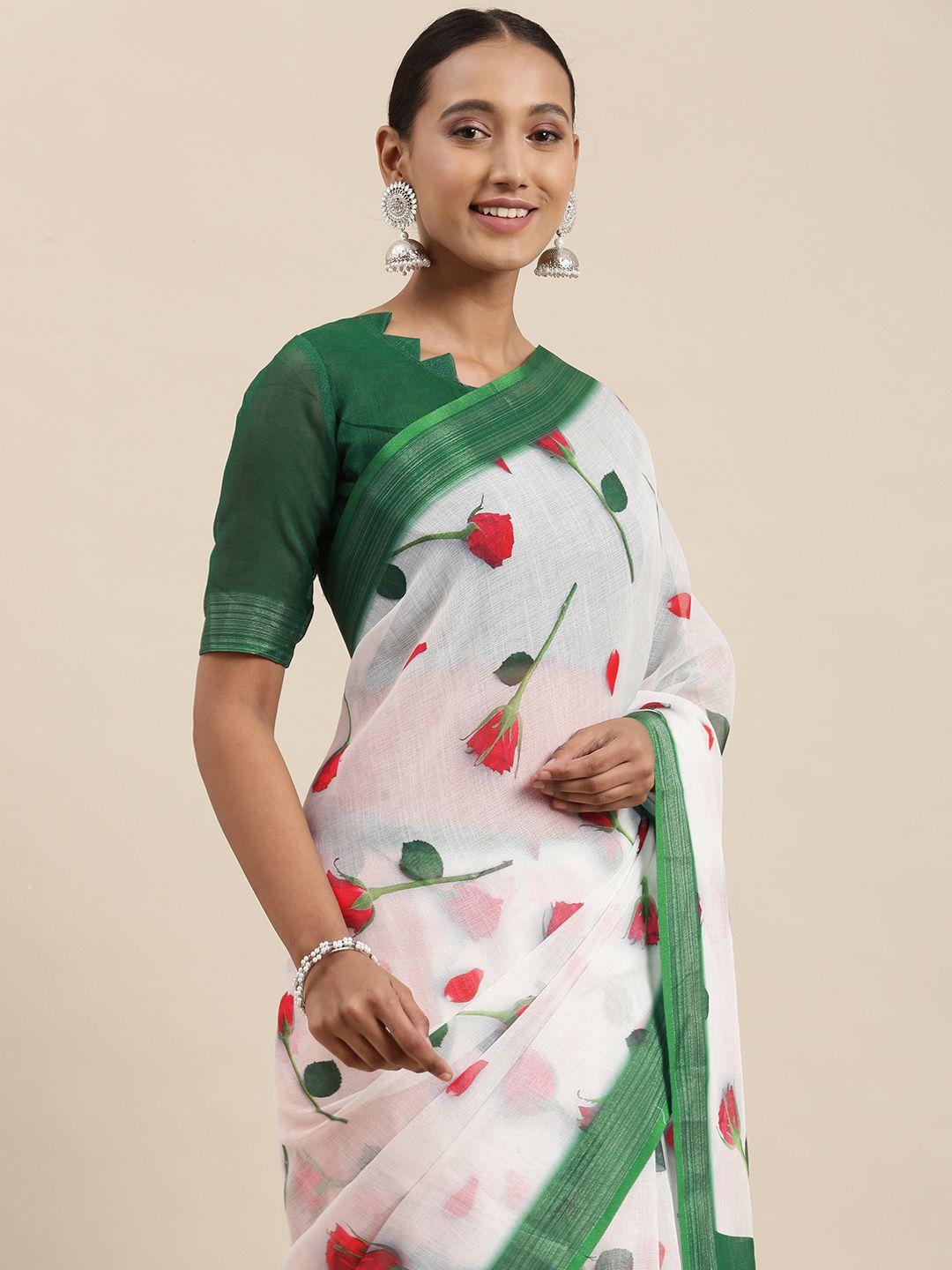 rudra fashion off white & green floral printed ikat saree