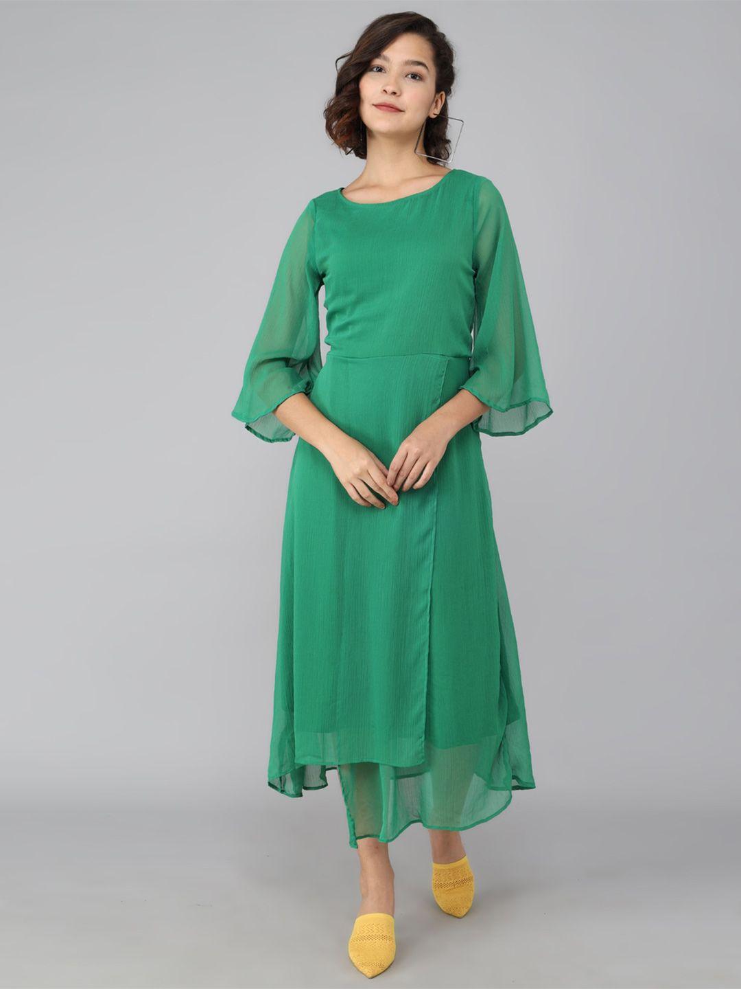 rudraaksha creations flared sleeve chiffon a-line midi dress