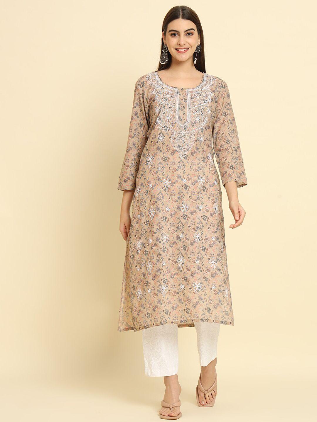 rudraaksha creations floral printed chikankari detailed cotton straight kurta