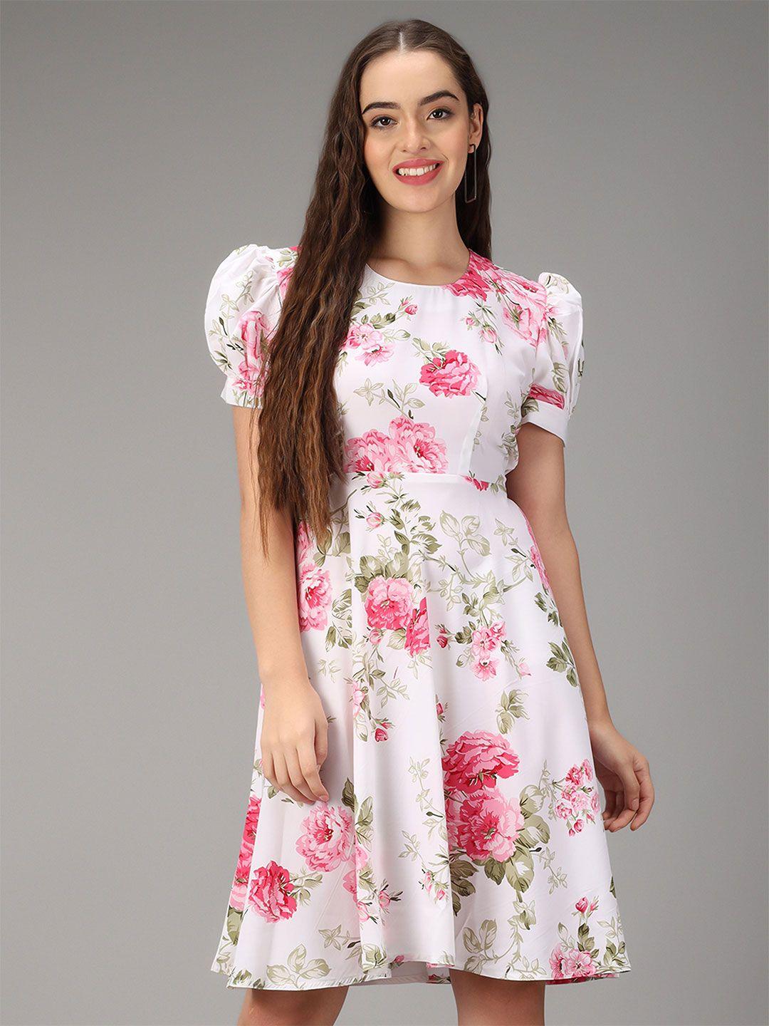 rudraaksha creations floral printed puff sleeve fit & flare dress