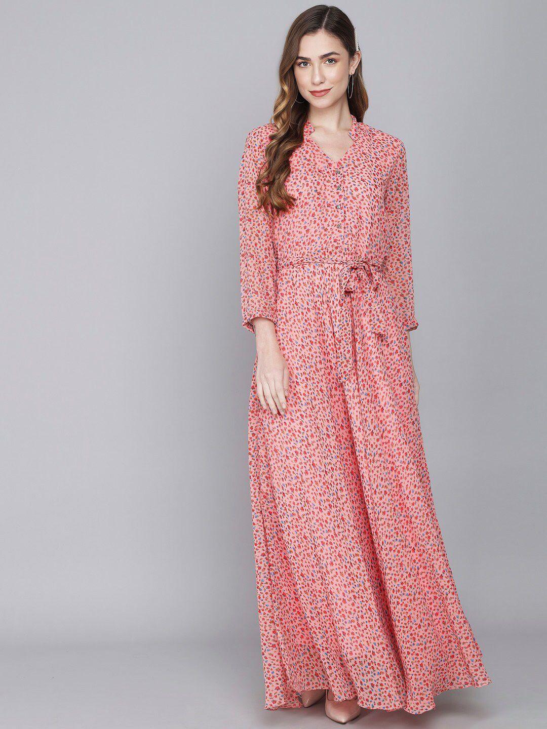rudraaksha creations pink & chambray floral georgette maxi dress