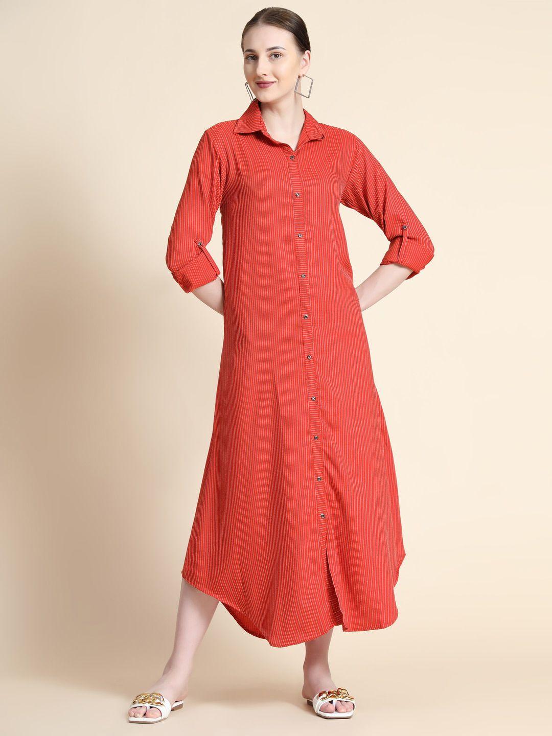 rudraaksha creations striped roll-up sleeves shirt midi dress