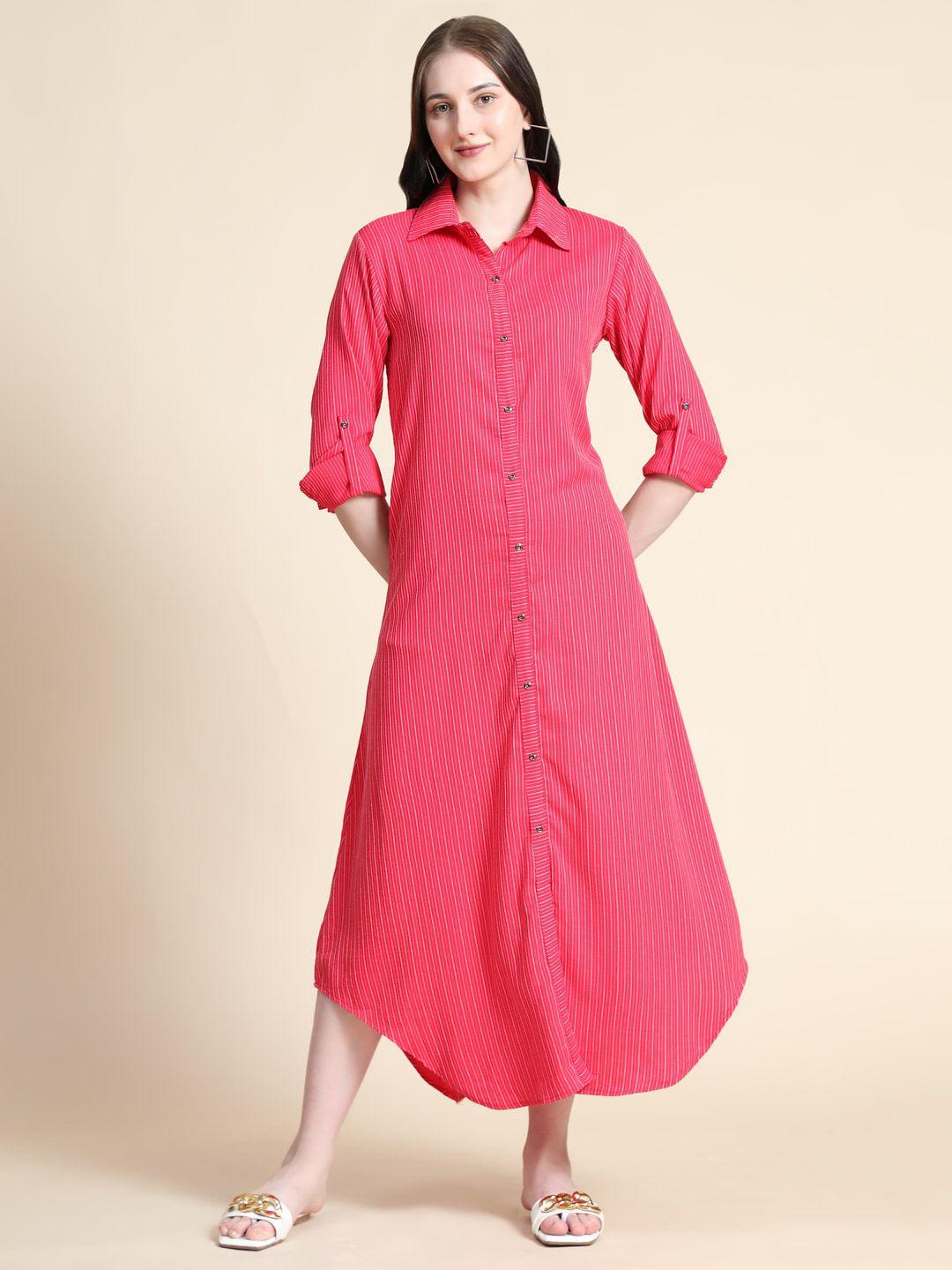 rudraaksha creations striped roll-up sleeves shirt midi dress