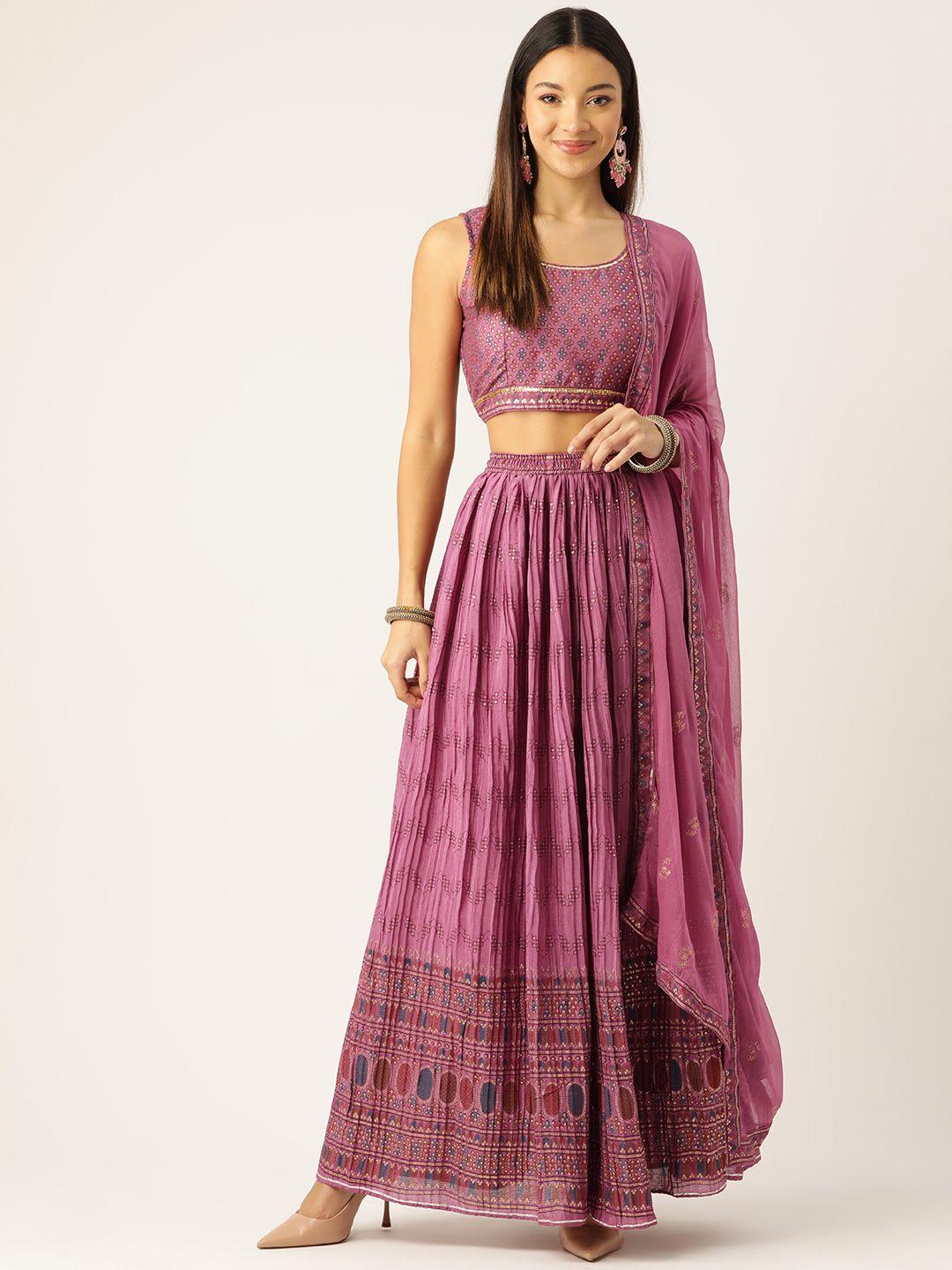 rue collection pink & blue printed ready to wear lehenga & blouse with dupatta & potli