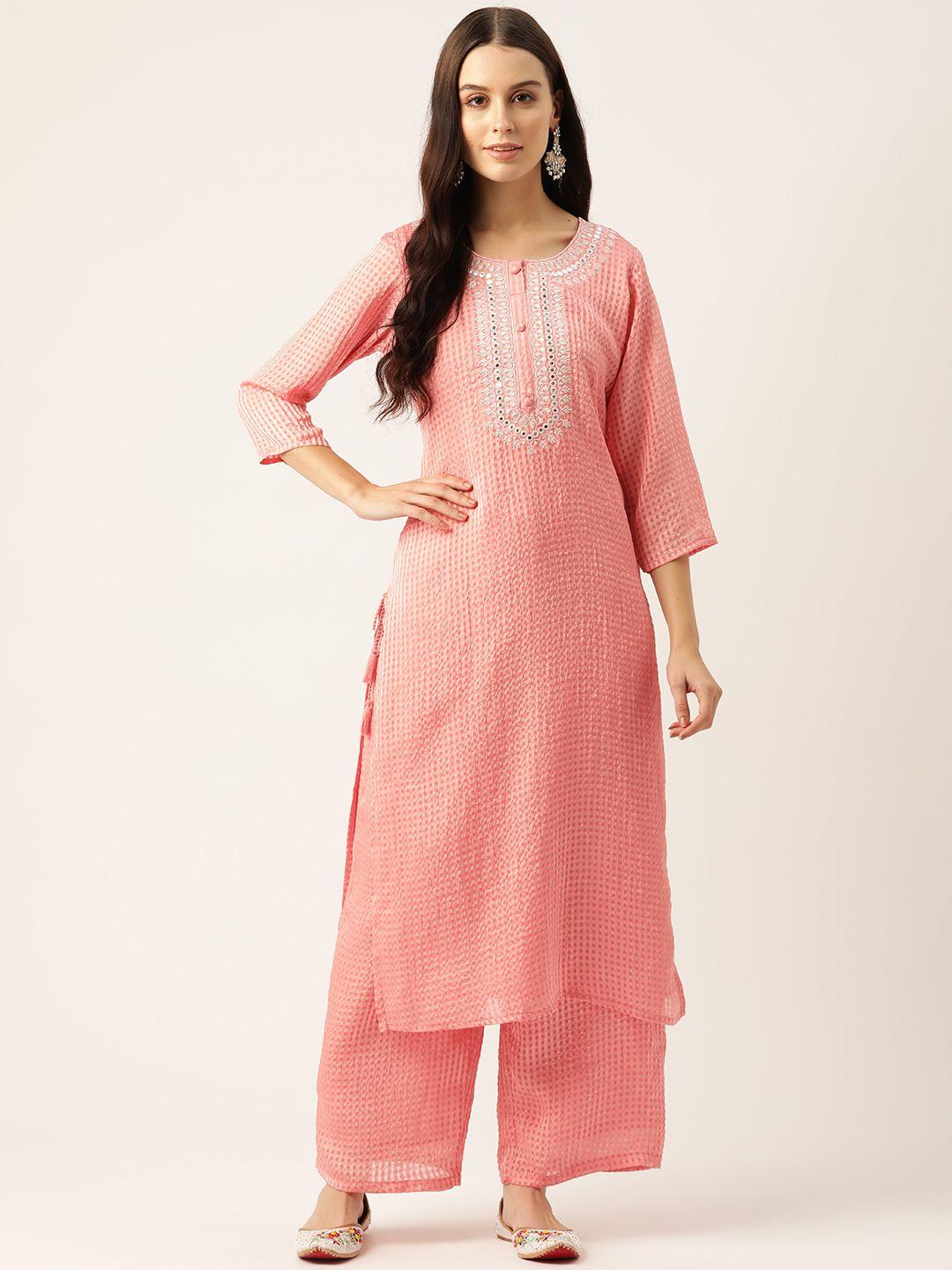 rue collection checked mirror work georgette kurta with palazzos