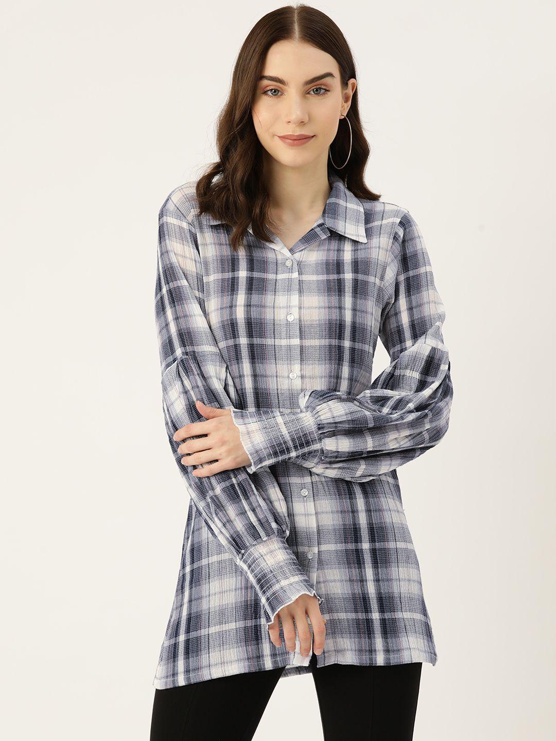rue collection checked puff sleeve cotton shirt style longline top