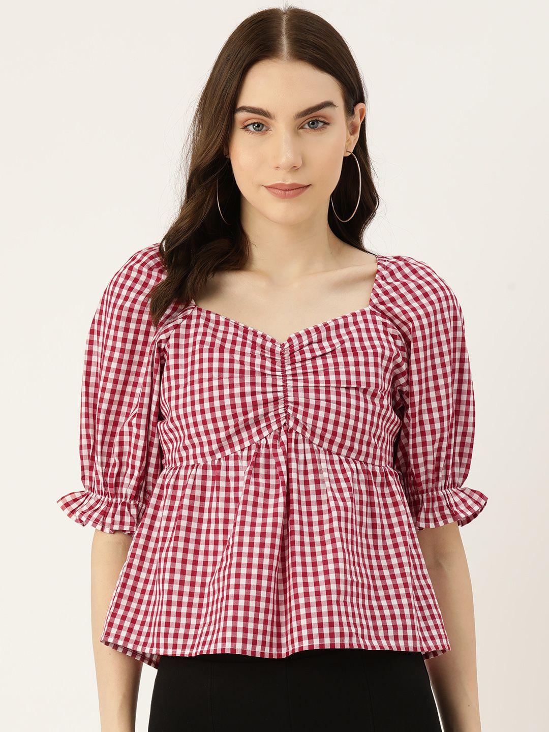 rue collection checked sweetheart neck puff sleeve cotton bardot top