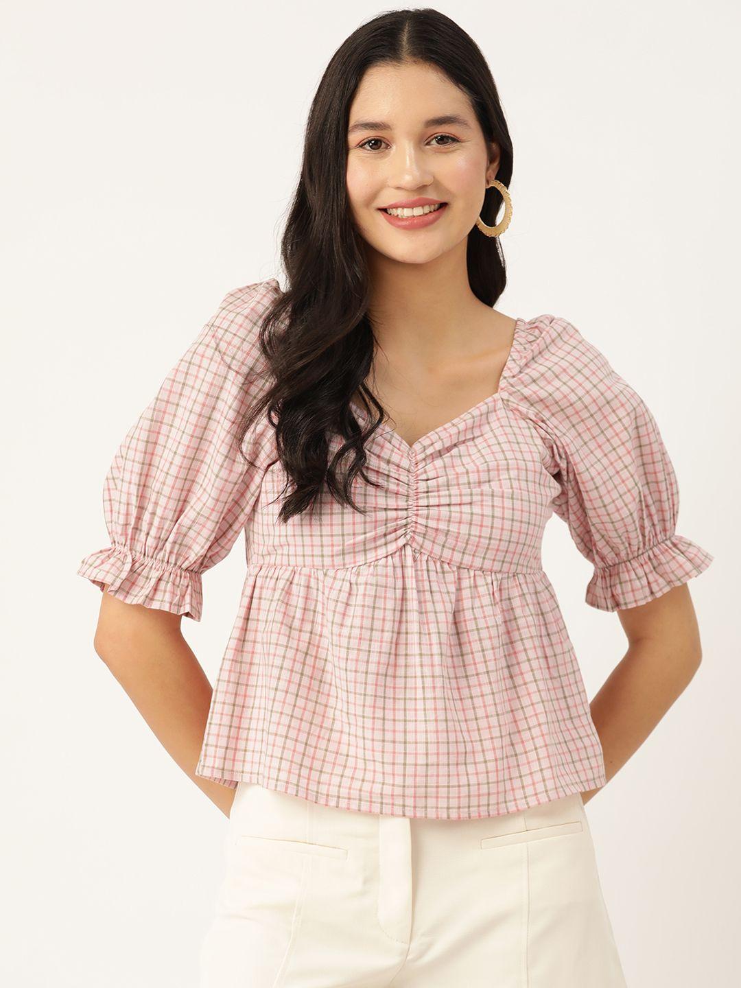 rue collection checked sweetheart neck puff sleeve cotton blouson top