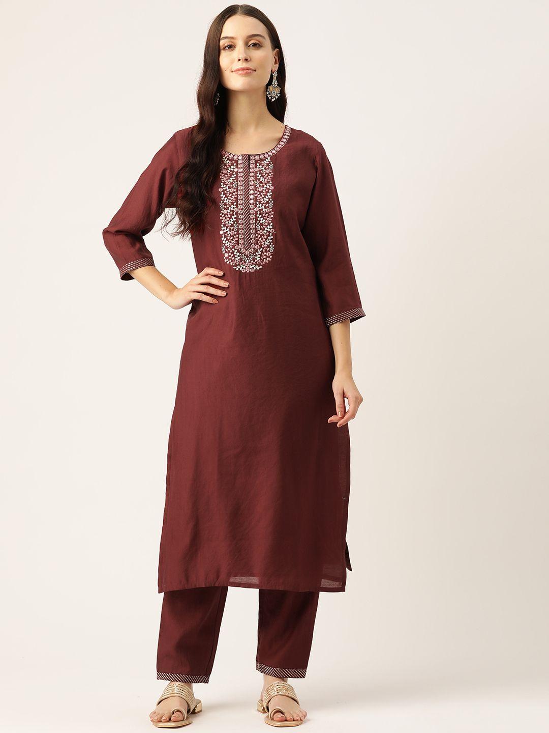 rue collection floral embroidered regular mirror work pure cotton kurta with trousers