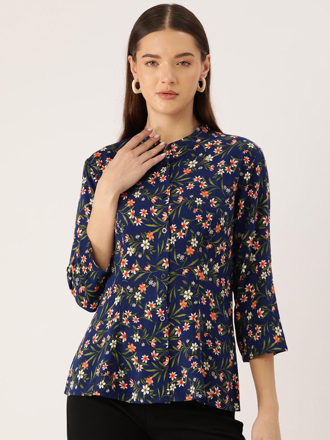 rue collection floral print mandarin collar shirt style top