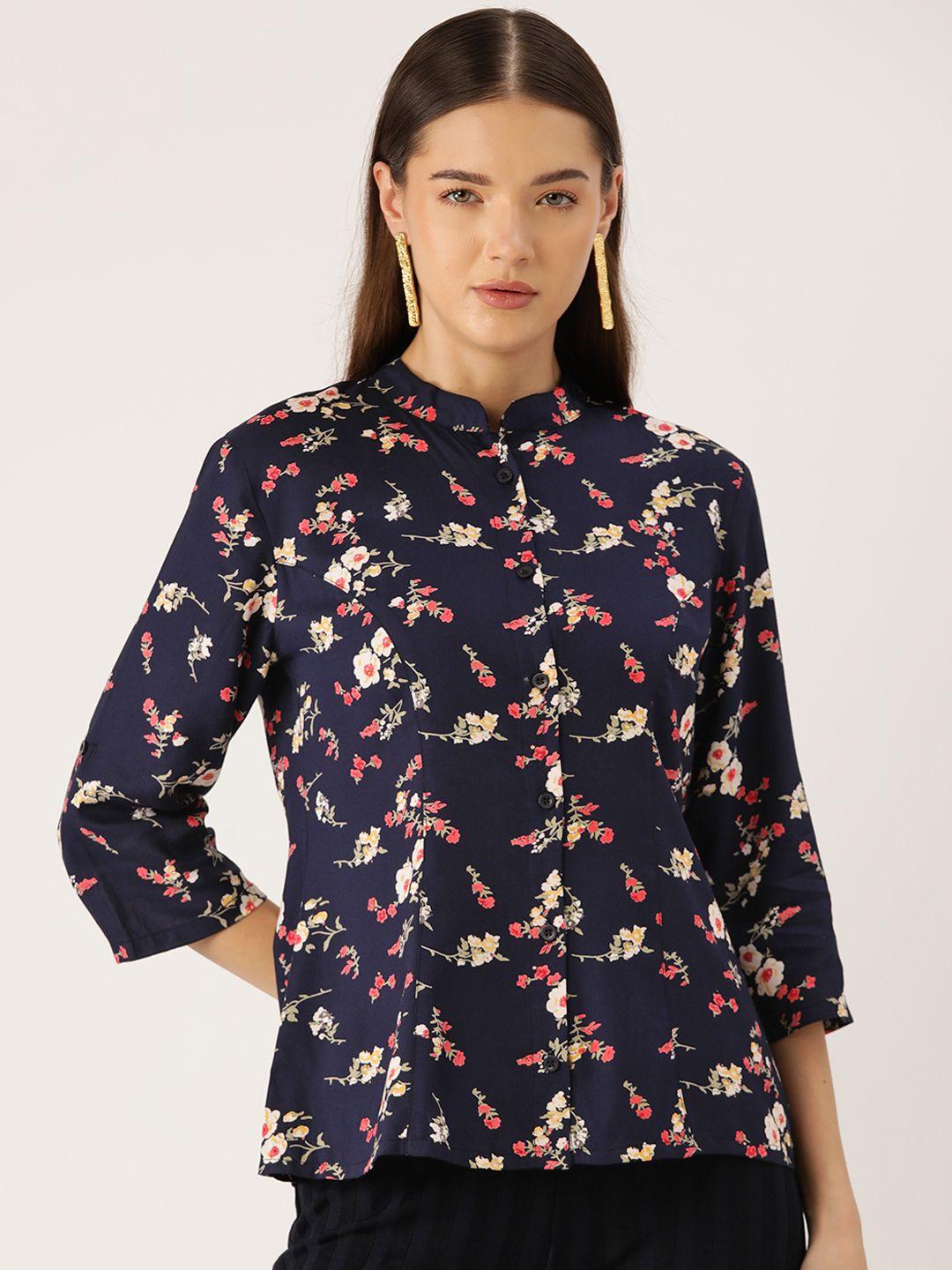 rue collection floral print mandarin collar shirt style top