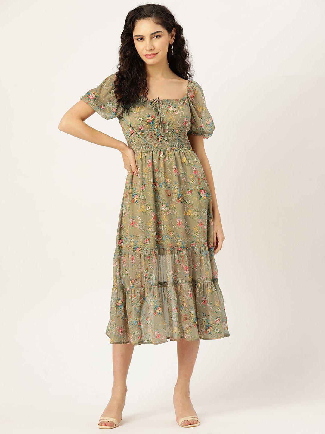 rue collection floral print puff sleeves tiered chiffon fit & flare midi dress