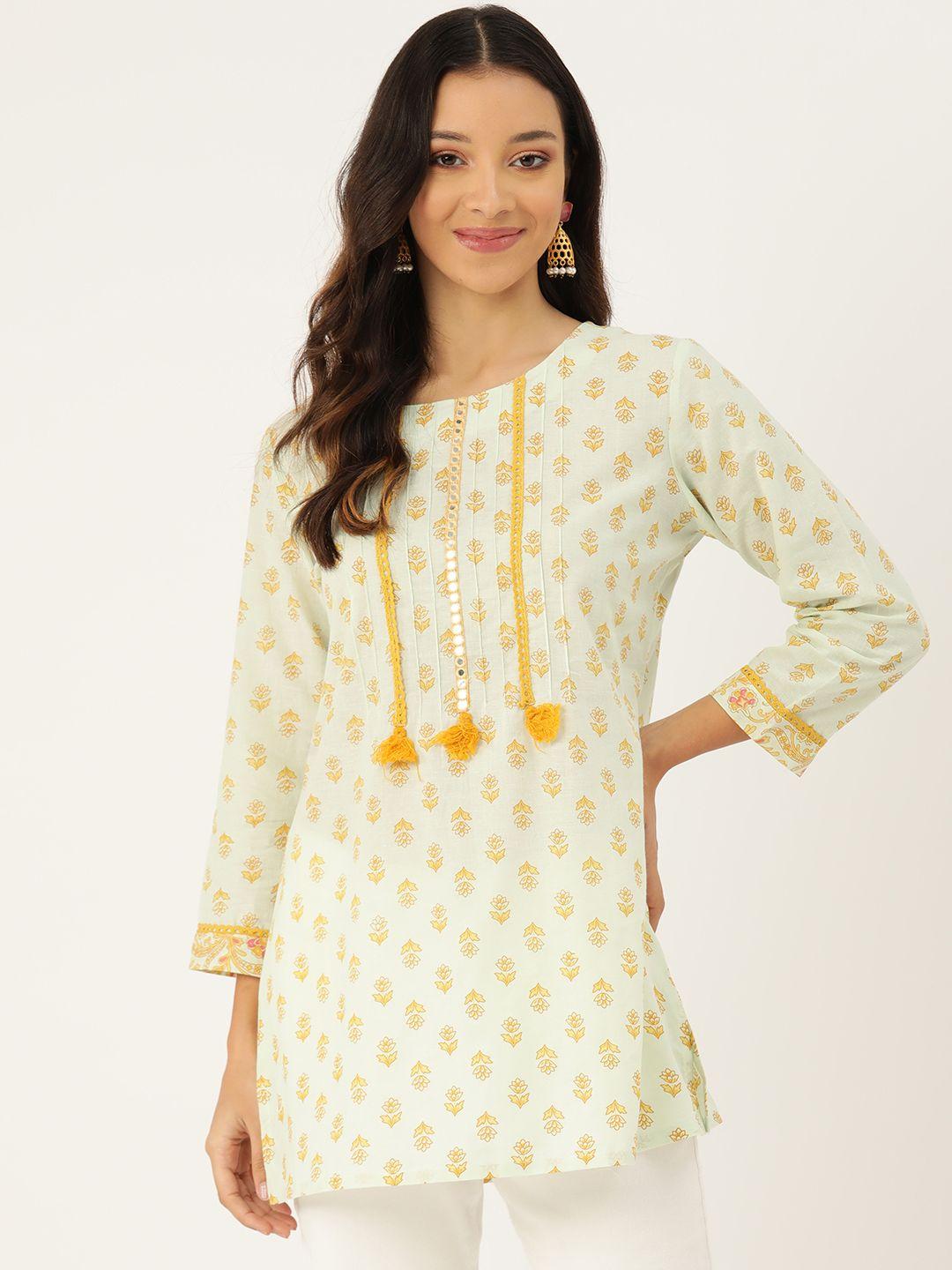 rue collection floral printed mirror work pure cotton mirror work pleated kurti