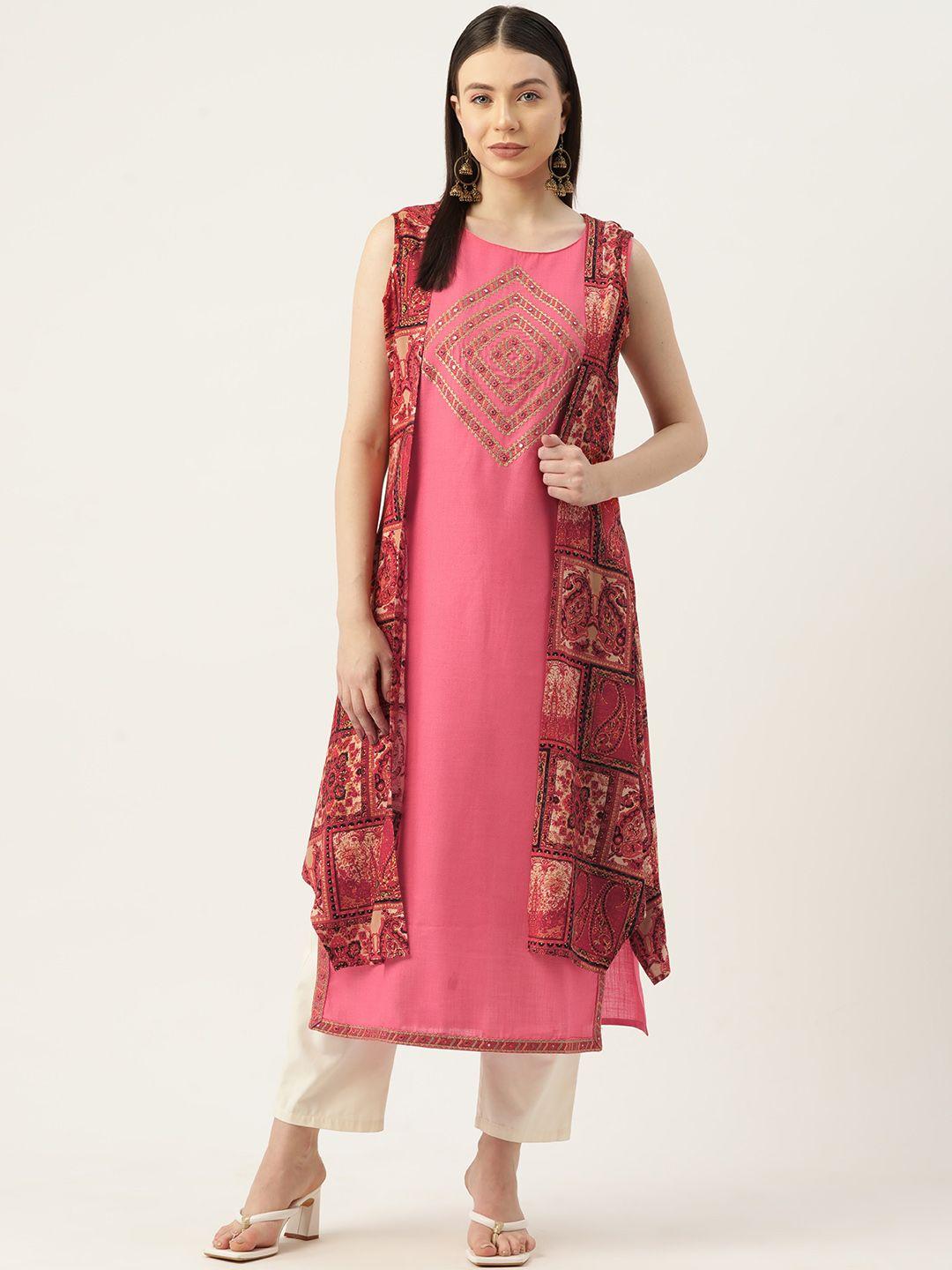 rue collection geometric embroidered mirror work kurta with shrug