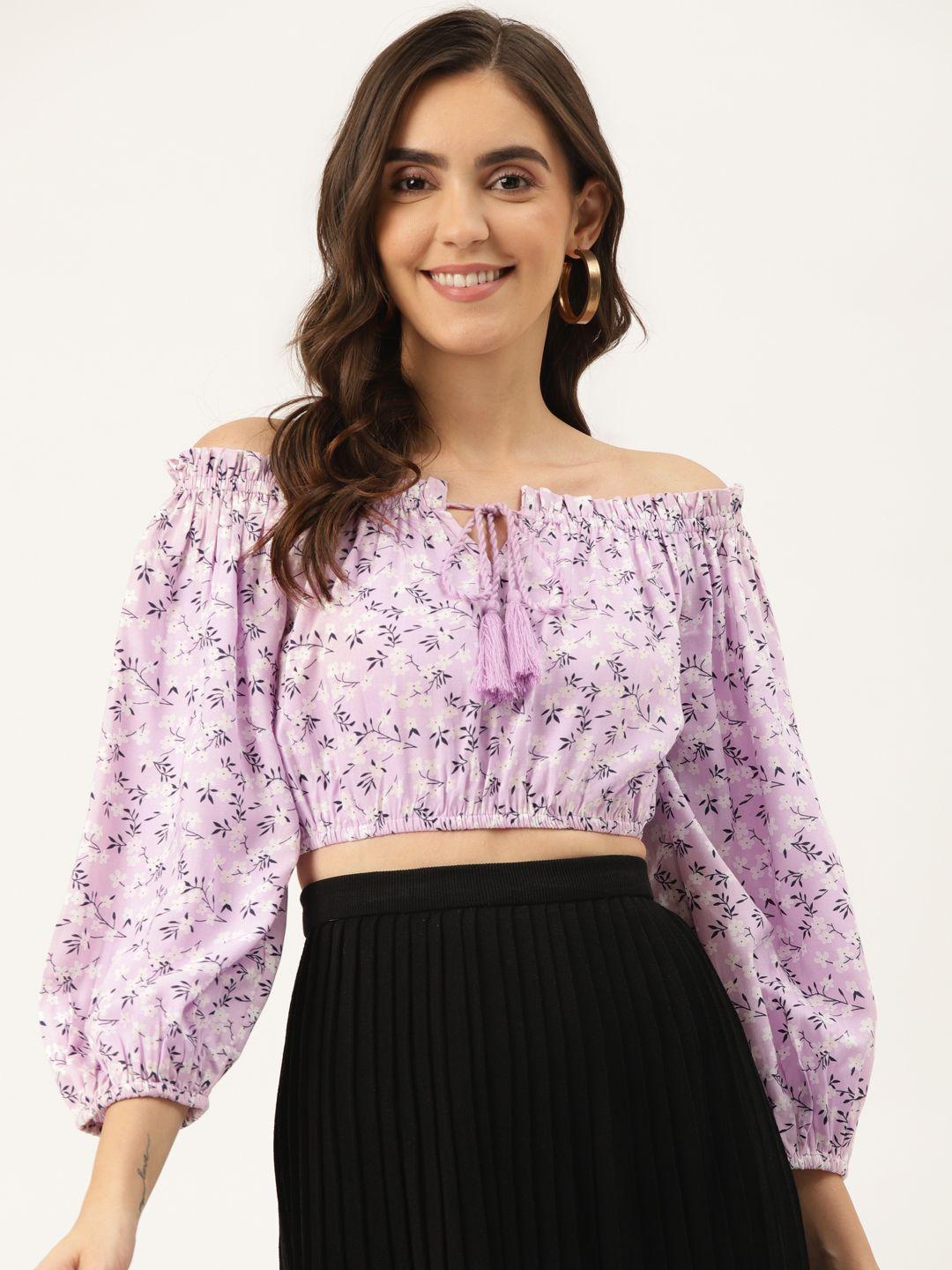 rue collection lavender & white floral print off-shoulder blouson crop top