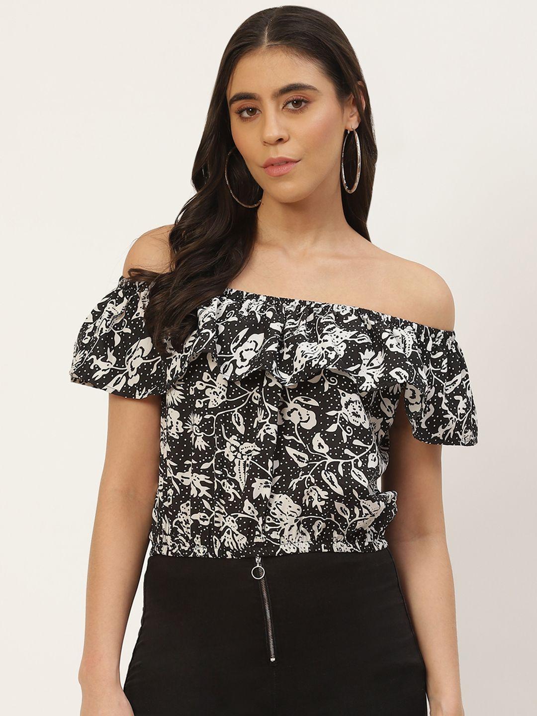 rue collection multicoloured floral print off-shoulder ruffles crepe bardot top