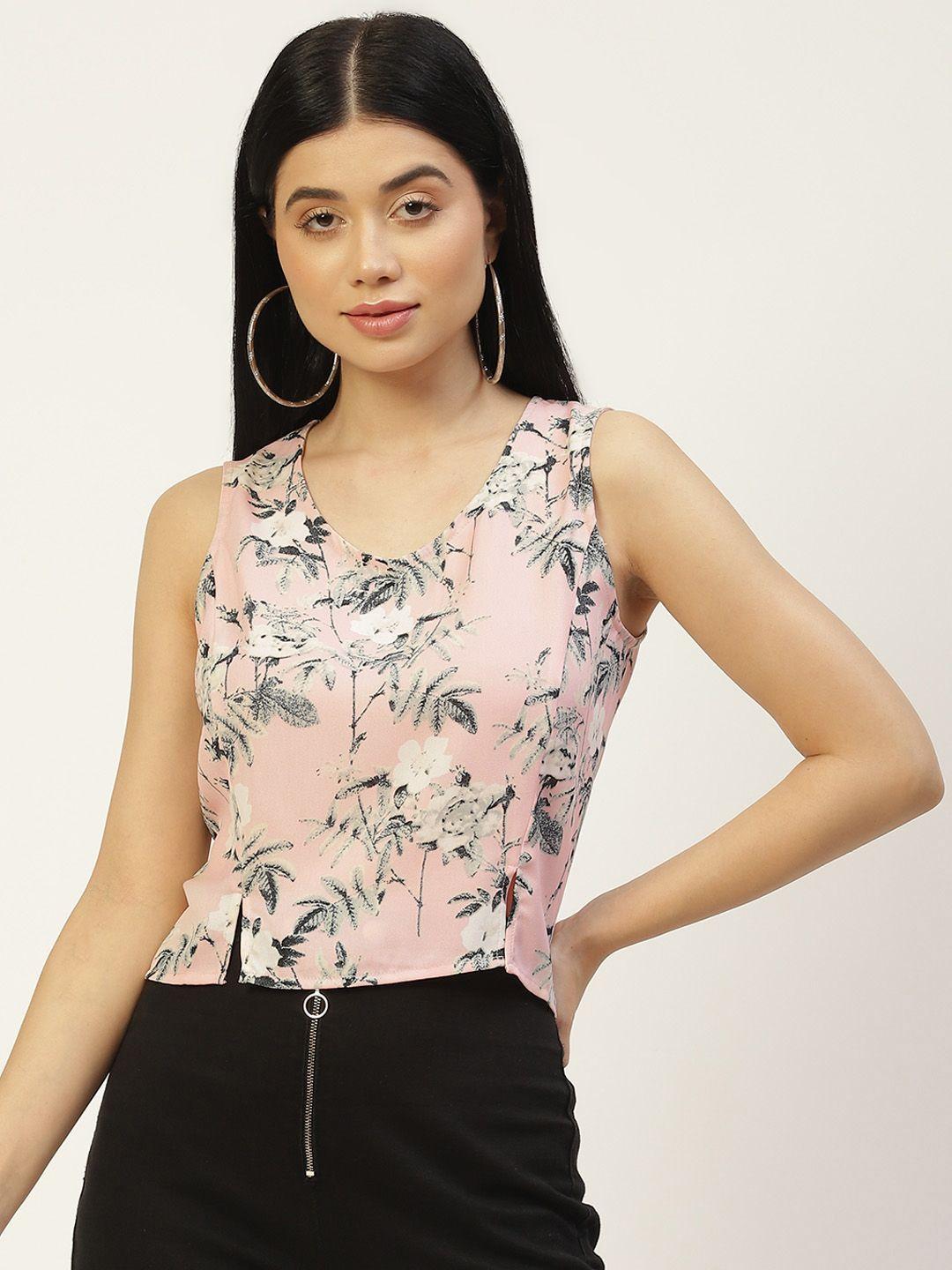 rue collection pink & grey floral print crepe crop top